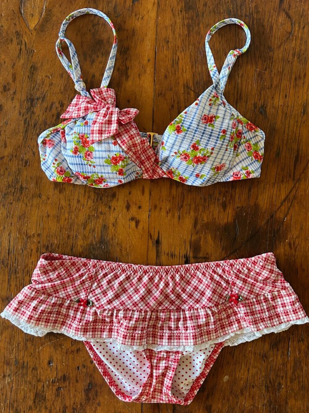 Vintage Betsey Johnson Red Plaid Blue Floral Picnic Bikini Set